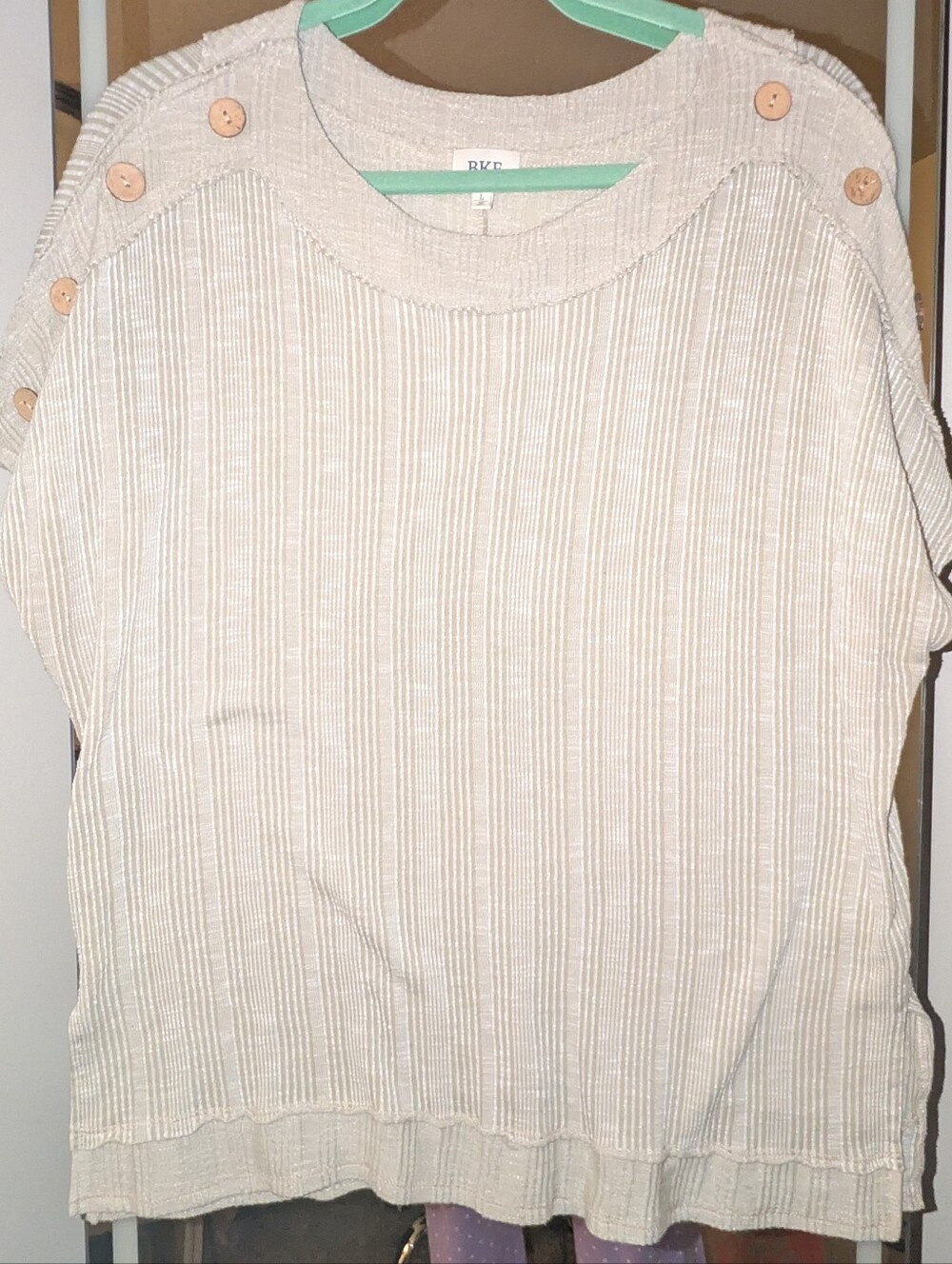 BKE Cream Ribbed Button-Shoulder Pullover